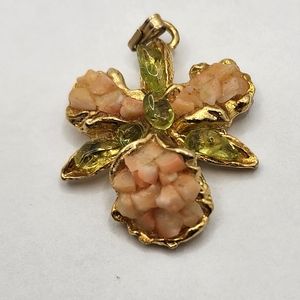 Orchid pendant with rough peridot and coral